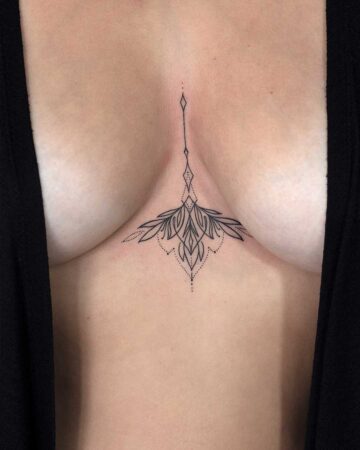 Elegant fine line sternum tattoo featuring a symmetrical floral design with delicate leaves and geometric shapes. A minimalist tattoo in black ink, perfect for chest tattoo inspiration.