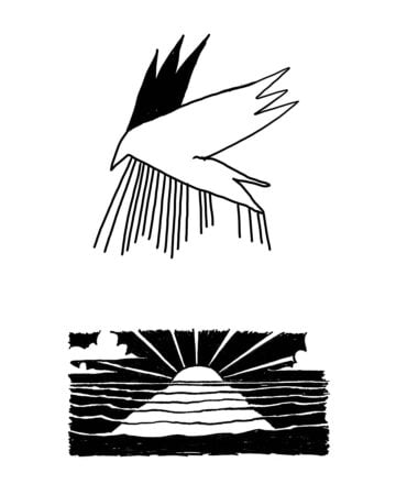 A stylized bird in flight with black wings and a white body, above a sunset over water with radiating sun rays and a dark horizon. Done by tattoo artists in our fine line tattoo studio parlour shop Canggu, Bali