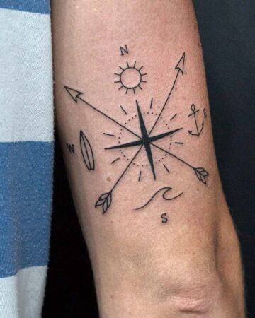 Forearm tattoo featuring a compass with arrows pointing to N, S, W, plus a sun, wave, anchor, and surfboard. Nautical theme.