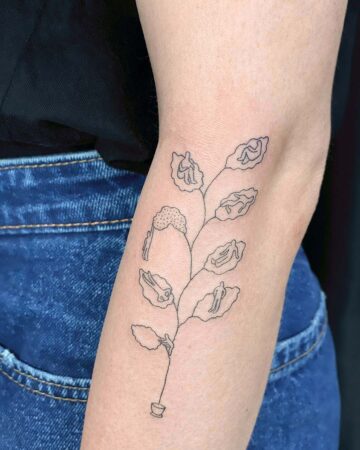 Minimalist botanical tattoo on arm featuring tiny figures in leaves. Fine line tattoo inspiration.