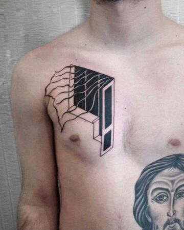 tattoo black and white graphics minimalism on the chest balcony balcony door wind