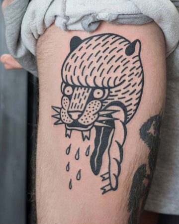 tattoo black and white minimalism graphics on the thigh leg tiger male for men