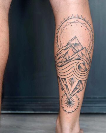 tattoo male for men black and white on the leg geometry minimalism mountains waves ethnic pattern