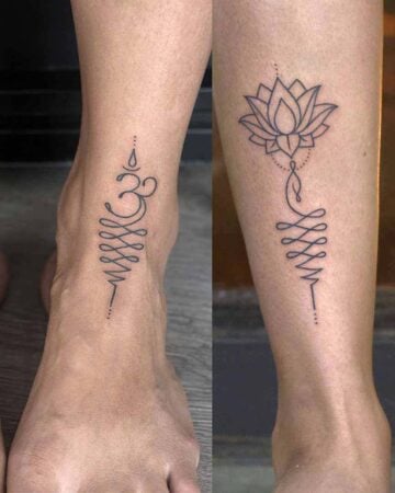 Two minimalist tattoos on legs featuring yoga and mindfulness symbols. On the left, an ohm symbol tattoo. On the right, a lotus flower tattoo with a Unalome symbol. Both are black ink, representing spiritual growth and peace. Done by tattoo artists in our fine line tattoo studio parlour shop Canggu, Bali