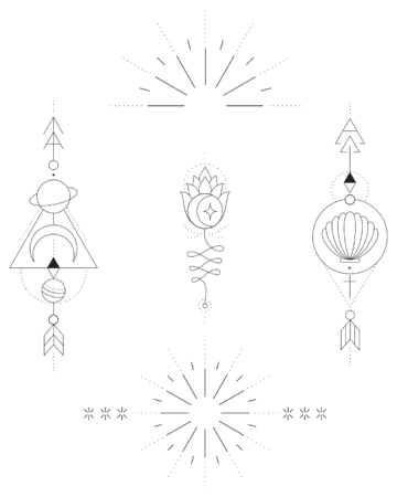 Minimalist tattoo designs in black ink featuring celestial and nature-inspired symbols. Designs include a planet, crescent moon, sunburst, lotus flower, and seashell. These simple tattoos offer elegant tattoo ideas. Done by tattoo artists in our fine line tattoo studio parlour shop Canggu, Bali