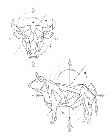 Geometric illustration of a bull's head and body, representing the Taurus zodiac sign. The artwork features a polygonal design with arrows and dotted lines, symbolizing astrology and the bull's horoscope. Done by tattoo artists in our fine line tattoo studio parlour shop Canggu, Bali