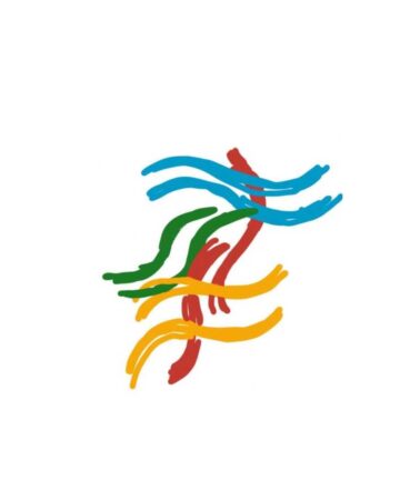 Abstract art with vibrant colors: blue, green, yellow, and red swirling lines By tattoo artists in tattoo studio Canggu, Bali