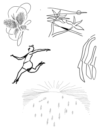 Collection of artistic sketches including a butterfly, leaping figure, and landscape drawings. By tattoo artists in tattoo studio Canggu, Bali