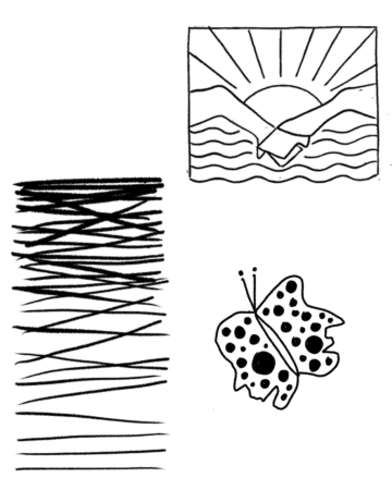 Hand-drawn doodles: landscape, butterfly, and scribbled lines for art inspiration. By tattoo artists in tattoo studio Canggu, Bali