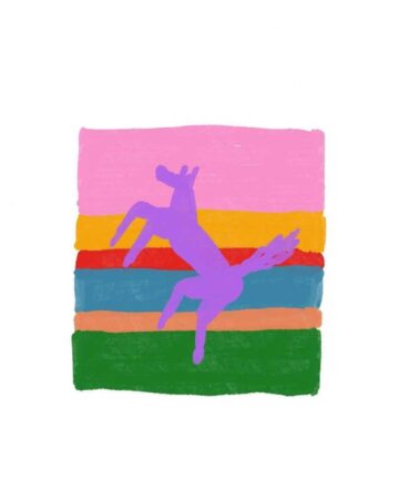 A vibrant purple horse leaps across a backdrop of colorful horizontal stripes, showcasing the joy of abstract art. The bands of color include pink, yellow, red, blue, orange and green, creating a playful and modern art feel. Done by tattoo artists in our fine line tattoo studio parlour shop Canggu, Bali