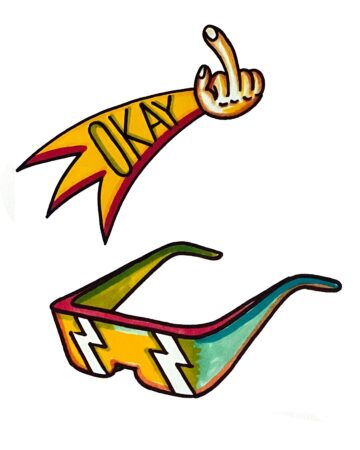 Cartoon hand giving the middle finger with "OKAY" banner and 80s retro sunglasses By tattoo artists in tattoo studio Canggu, Bali