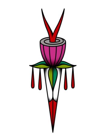 Traditional tattoo design featuring a stylized dagger piercing a pink flower. Red droplets fall from green leaves, all outlined in bold black. Classic tattoo art.