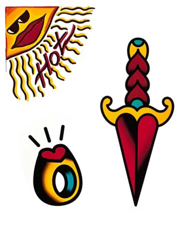 Traditional tattoo flash sheet featuring a hot sun with lips, a heart ring, and a dagger piercing a heart. Classic tattoo art style with bold lines and bright colors.