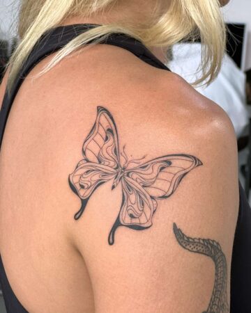 tattoo black minimalistic on the back graphics butterfly acid linework