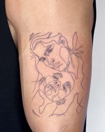 Delicate line art portrait tattoo on a person's arm. The design features two overlapping faces, showcasing a minimalist style with fine lines. Ideal inspiration for a portrait tattoo or line art tattoo. Done by tattoo artists in our fine line tattoo studio parlour shop Canggu, Bali