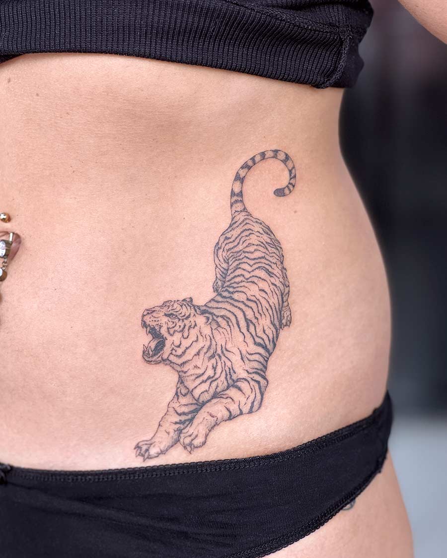 A detailed tiger tattoo, rendered in black ink, stretches across the lower abdomen. The tiger is depicted roaring, its body arched, and its striped tail curled. The tattoo design is a striking example of body art. Done by tattoo artists in our fine line tattoo studio parlour shop Canggu, Bali