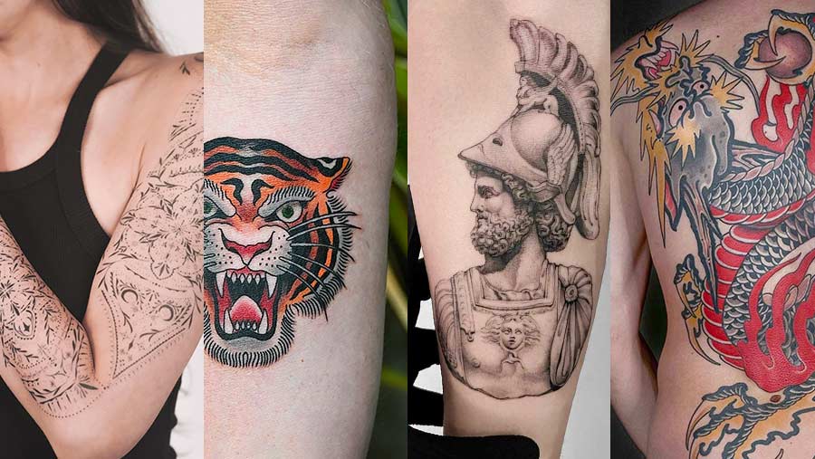 Black & Grey Greek statue micro realism tattoo, Traditional tiger face (Old School), Japan full back dragon tattoo and Ornamental. Book your session at the best multi-style studio in Bali.