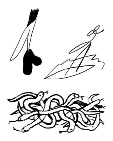 Ink drawing of a tangled mass of snakes, their bodies intertwined. Above, a stylized leaf and abstract shapes. The image explores the symbolism of snakes in art, a key theme in this blog post. Done by tattoo artists in our fine line tattoo studio parlour shop Canggu, Bali