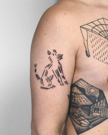 Geometric dog tattoo on an arm, showcasing a minimal line art design. The dog is depicted with short, parallel lines, giving it a unique, modern look. This minimal tattoo is an example of a geometric tattoo design. Done by tattoo artists in our fine line tattoo studio parlour shop Canggu, Bali