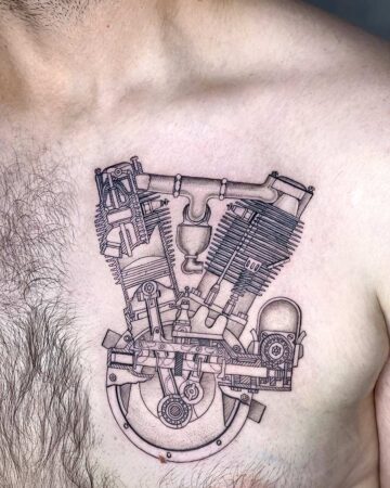 tattoo bike engine harley davidson on the chest fineline graphics linework bali single needle
