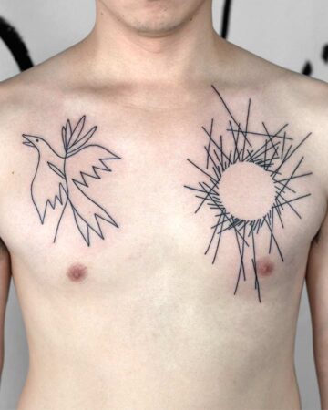 A man's chest features two minimalist tattoos: a line drawing of a bird and a sunburst design. The bird tattoo is on the left, while the sun tattoo is on the right, showcasing clean lines and a modern aesthetic. These minimalist tattoos are ideal chest tattoo ideas. Done by tattoo artists in our fine line tattoo studio parlour shop Canggu, Bali