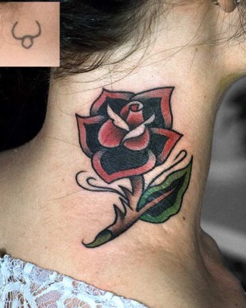 color tattoo on a girl's neck covering an old traditional rose tattoo