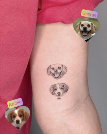 Two detailed dog portraits tattooed on an arm. The top dog is smiling with its tongue out, while the bottom dog wears a small bone-shaped charm. These small dog tattoos are a great example of pet tattoos. Done by tattoo artists in our fine line tattoo studio parlour shop Canggu, Bali