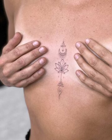 Geometry Minimalist Tattoo Gallery. tattoo ornament fine line black single needle minimalistic on the chest floral moon star dots bali canggu lotus unalome sacred