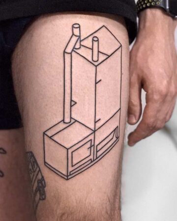 Geometric minimalist tattoo of a stylized furnace smoker on a thigh. The black ink design features clean lines and an isometric perspective. A small, previously tattooed car is visible below the furnace. Done by tattoo artists in our fine line tattoo studio parlour shop Canggu, Bali