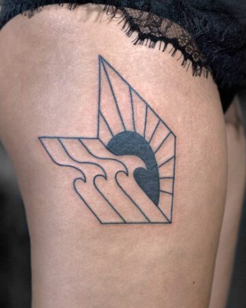tattoo black and white minimalism graphics on hip leg sunset waves