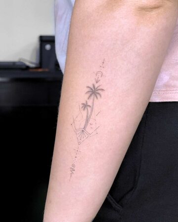 tattoo ornament fine line black single needle minimalistic on the arm palm trees geometry onalome moon star dots