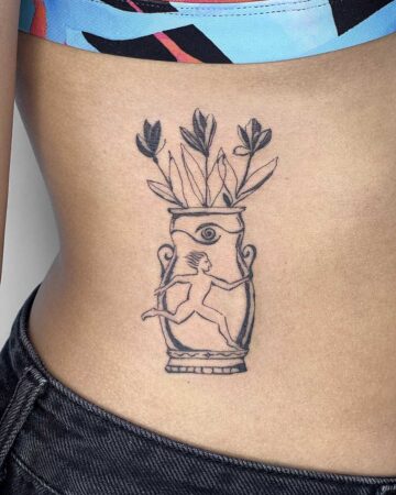 tattoo vase with flowers antic roman style running figure artistic abstract fineline black grey graphic