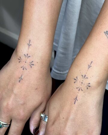 wrist fine line symmetrical tattoo ornamental minimalist matching with dots by our artists in fine line tattoo studio Canggu Bali