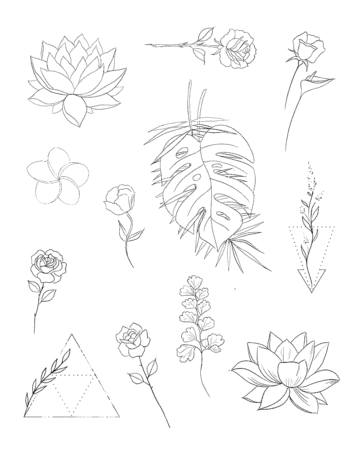 A collection of delicate line art tattoo designs featuring various floral and botanical elements. Included are roses, lotus flowers, a monstera leaf, and other botanical tattoo designs, perfect for floral tattoo inspiration. Done by tattoo artists in our fine line tattoo studio parlour shop Canggu, Bali