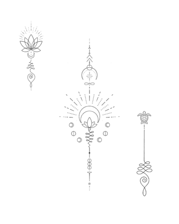 Three delicate tattoo designs in black ink: a lotus flower with sunburst, a central design with a crescent moon, sun, and Unalome symbol, and a turtle with a minimalist Unalome. Perfect for a fine line tattoo. Done by tattoo artists in our fine line tattoo studio parlour shop Canggu, Bali