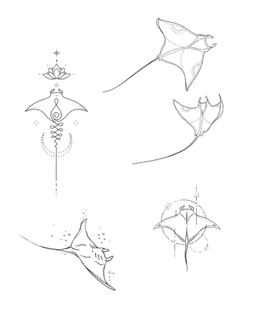 Abstract manta ray illustrations tattoo designs with geometric patterns Done by tattoo artists in our fine line tattoo studio parlour shop Canggu, Bali