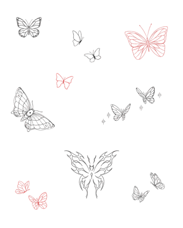 Assorted butterfly line art tattoo designs in black and red Done by tattoo artists in our fine line tattoo studio parlour shop Canggu, Bali