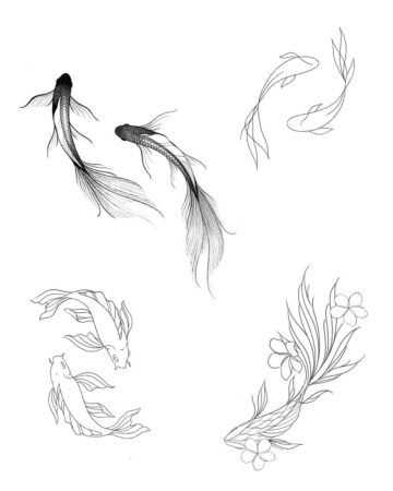 tattoo designs of koi fish with flowing fins and floral elements Done by tattoo artists in our fine line tattoo studio parlour shop Canggu, Bali