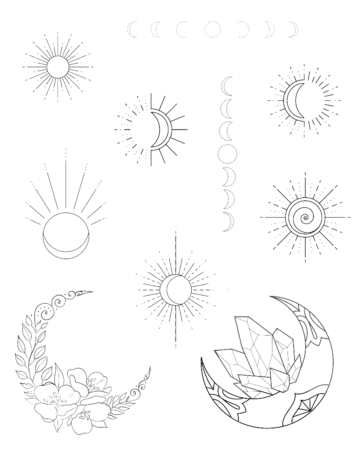 Minimalist sun and moon stattoo designs with floral and crystal designs Done by tattoo artists in our fine line tattoo studio parlour shop Canggu, Bali