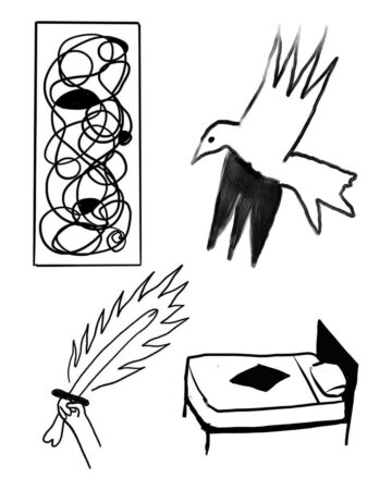 Abstract art with bird and sword bed by our artists in fine line tattoo studio Canggu Bali