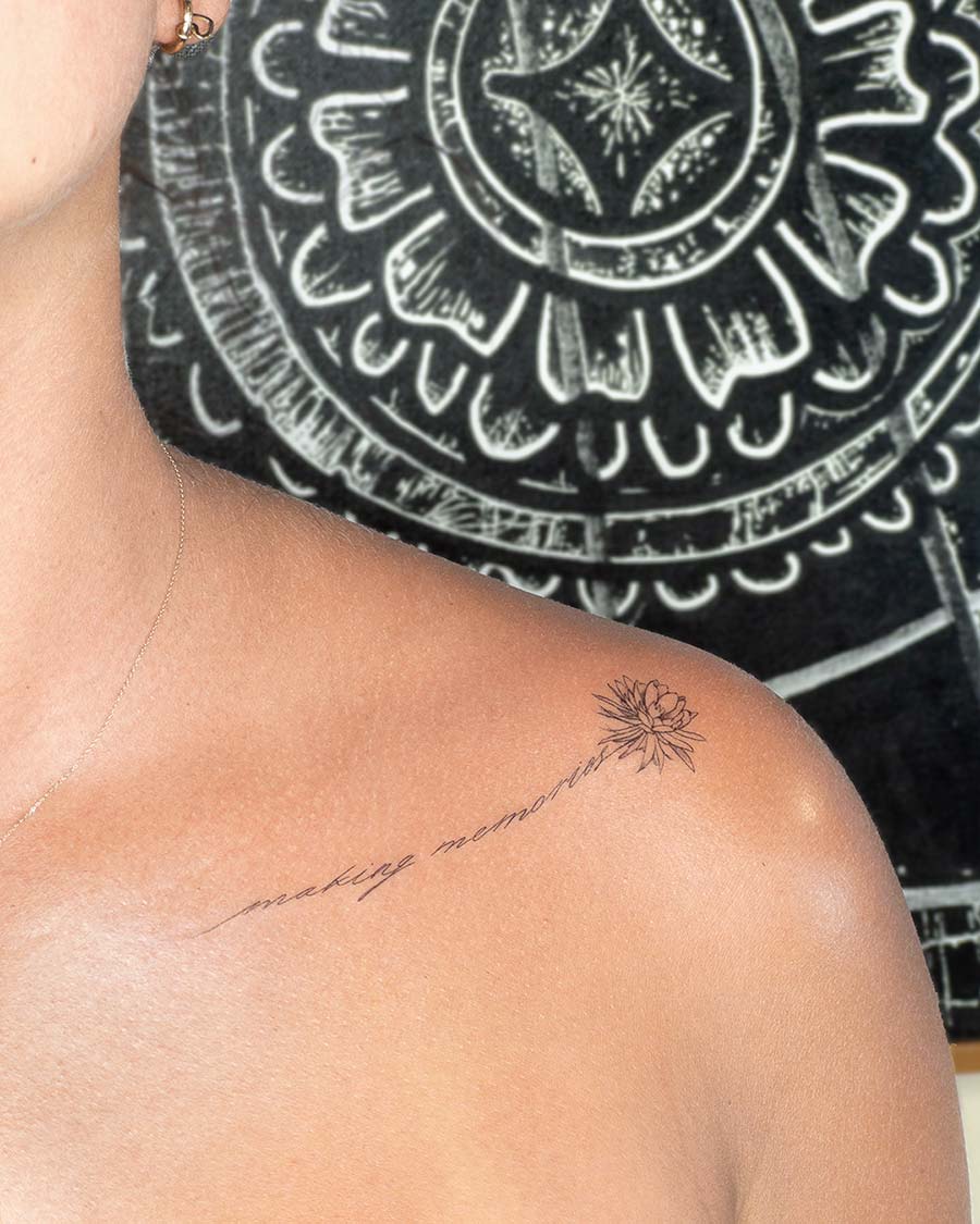 lettering script making memories fine line tattoo with flower queen of night by our artists in fine line tattoo studio Canggu Bali