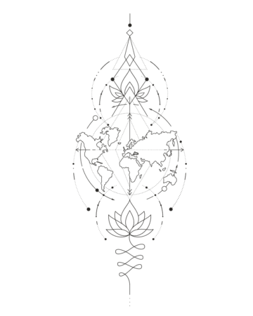 tattoo design lotus unalome world map moon geometry minimalist fine line done by our artists in fine line tattoo studio Canggu Bali