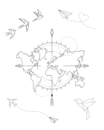 world map, birds, paper plane origami geometry minimalist designs by our artists in fine line tattoo studio Canggu Bali