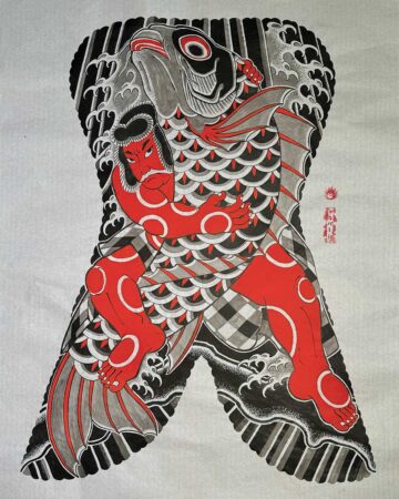 Intricate Japanese tattoo design featuring a vibrant red figure emerging from a grey koi fish, set against a background of swirling waves and geometric patterns. Japanese (Irezumi/Wabori) tattoo artist studio Canggu Bali