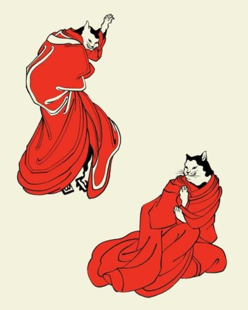 Two cats in bright red robes strike dramatic poses against a cream background, reminiscent of traditional Japanese art. One cat stands, arm raised, while the other sits wrapped in fabric. Japanese (Irezumi/Wabori) tattoo studio Canggu Bali