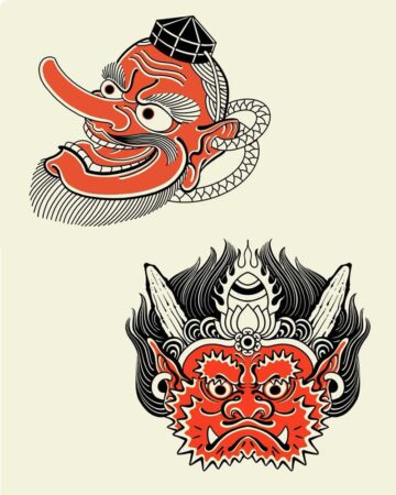 Two traditional Japanese masks: a red Tengu mask with a long nose and a black hat, and a red Oni mask with sharp teeth and a fierce expression, both outlined in black. Japanese (Irezumi/Wabori) tattoo studio Canggu Bali