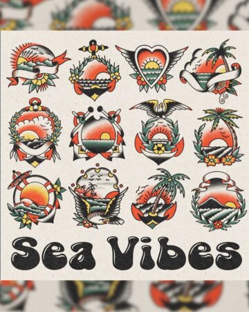 A collection of vibrant, color traditional tattoo designs featuring nautical and tropical themes, including anchors, palm trees, and sunsets, with the text "Sea Vibes" at the bottom. Created in the multi style tattoo studio in Canggu Bali.