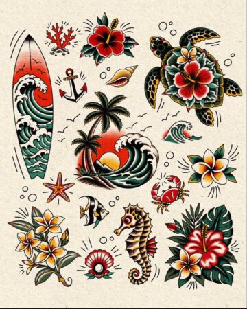 Vibrant color traditional tattoo flash art featuring a surfboard, crashing waves, palm trees, a sunset, a sea turtle, a crab, a seahorse, fish, starfish, coral, and flowers. Created in the multi style tattoo studio in Canggu Bali, Bali tattoo studio.
