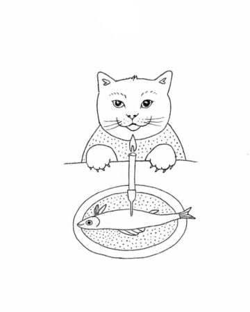 A whimsical illustration of a cat eyeing a fish on a plate, with a candle stuck into the fish. This image could inspire a unique tiger tattoo design. Created by the best tattoo artists in Canggu Bali!