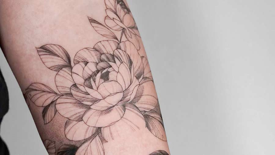 Elegant peony tattoo design on a forearm. Two large, detailed floral tattoos with shading and line work create a striking botanical art piece.